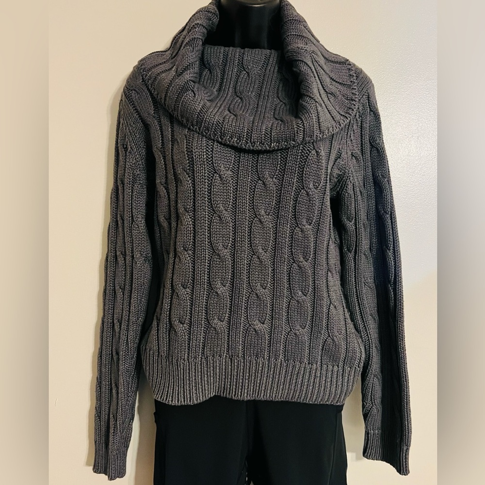 Thick cable cowl neck sweater, dark gray, by Daisy Fuentes
